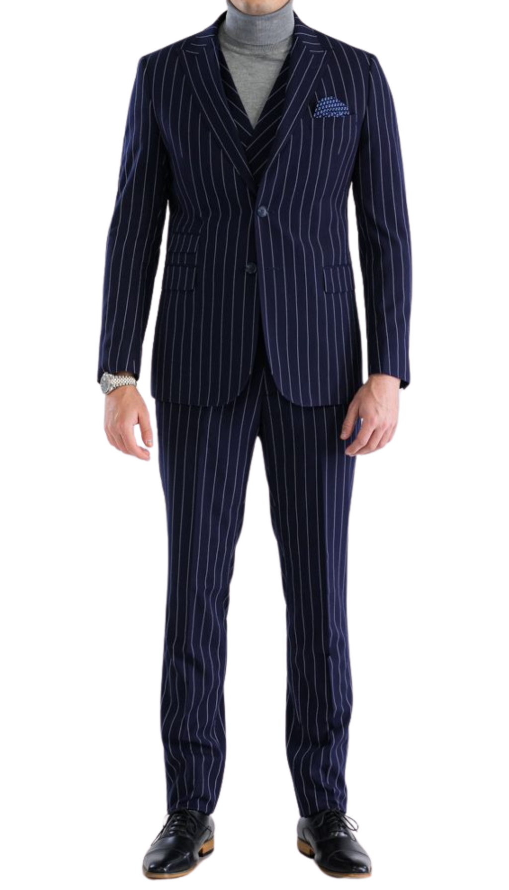 Bellagio Navy White Mens 2 Button Slim Peak Lapel Suit With Pick Stitching Ticket Pocket Double Breasted Vest With Shawl Lapel